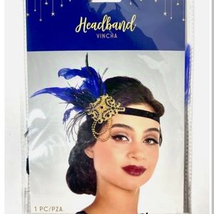 Headband Vincha AMCAN BLUE Feathers Black Band